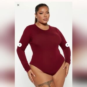 Fashion Nova Krystal Crew Neck Long Sleeve Bodysuit - Wine Size 1X(14/16) (New)